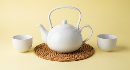Fototapeta premium A white ceramic teapot with two matching small teacups set on a round woven rattan placemat