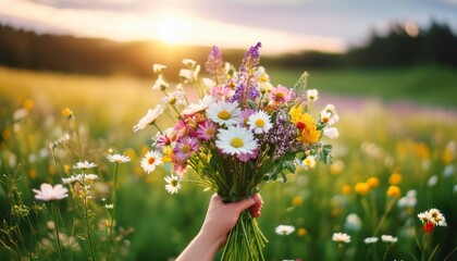 Obraz premium Holding A Beautiful Bouquet Of Summer Wildflowers In A Blooming Green Meadow Shallow Depth Of Field