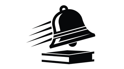 Fototapeta premium Bell ringing above a closed book represents the start of a new lesson or an academic announcement, featuring a bold black silhouette design that provides plenty of clean copy space for your text.