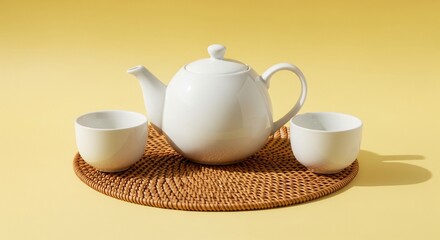 Fototapeta premium Minimalist White Ceramic Teapot and Cups on Woven Mat