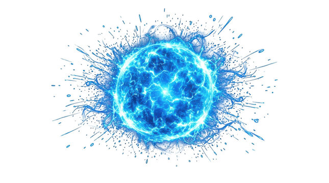 Glowing blue energy sphere exploding with light particles and liquid splashes against a white void