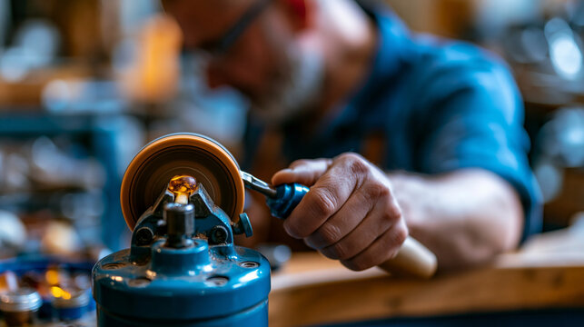 Faceless person polishing an amber stone using a specialized machine with a rotating wheel, focused craftsmanship detail, defocused workshop in background, amber polishing concept