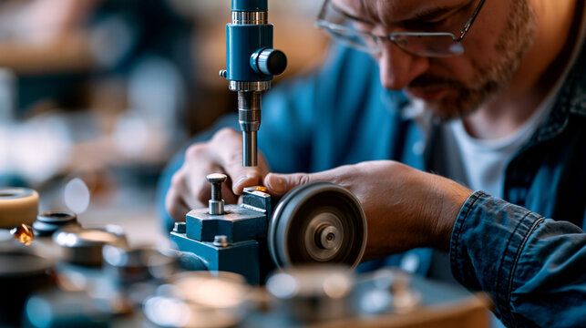 Faceless person polishing an amber stone using a specialized machine with a rotating wheel, focused craftsmanship detail, defocused workshop in background, amber polishing concept