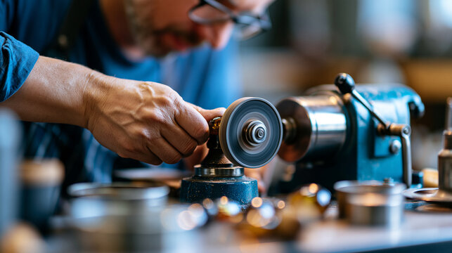 Faceless person polishing an amber stone using a specialized machine with a rotating wheel, focused craftsmanship detail, defocused workshop in background, amber polishing concept