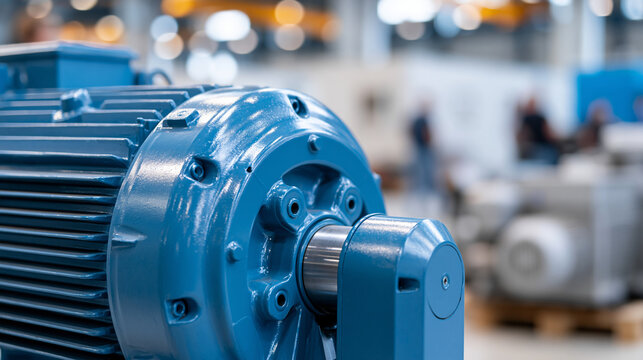 Large blue industrial electric motor paired with a generator unit in a factory, robust power equipment, defocused factory floor in background, electric motor and generator concept