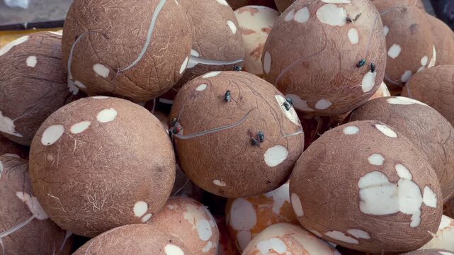 Pile of peeled brown coconuts at a traditional market