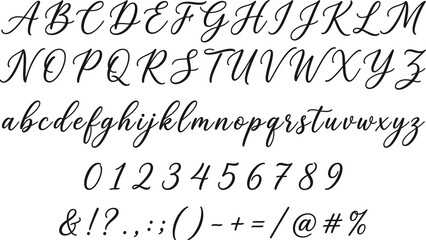 Naklejka premium Elegant Calligraphy Font Set: Hand-Drawn Cursive Script Alphabet with Uppercase, Lowercase, Numbers, and Symbols for Wedding Invitations, Branding, and Sophisticated Graphic Design Projects.