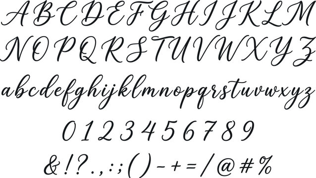 Elegant Calligraphy Font Set: Hand-Drawn Cursive Script Alphabet with Uppercase, Lowercase, Numbers, and Symbols for Wedding Invitations, Branding, and Sophisticated Graphic Design Projects.