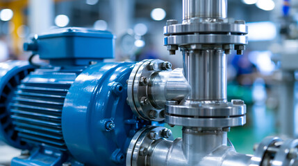 Fototapeta premium Industrial blue centrifugal water pump connected to steel pipes in a factory, precise mechanical engineering, defocused factory interior in background, centrifugal pump concept