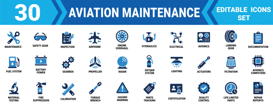 Set of 30 flat aviation maintenance icons for aircraft repair service and airplane engineering work ,Editable Vector Illustration Mega pack