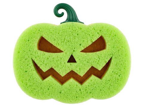Green Pumpkin Shaped Cleaning Sponge with Spooky Jack O Lantern Face