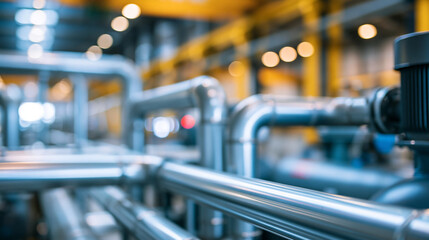 Naklejka premium Industrial compressor system with extensive metal piping in a factory warehouse, organized mechanical network, defocused warehouse interior in background, industrial compressor