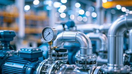 Fototapeta premium Industrial compressor system with extensive metal piping in a factory warehouse, organized mechanical network, defocused warehouse interior in background, industrial compressor