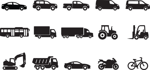 Transportation vehicle icons set including cars trucks bus tractor and heavy machinery art. © Vect Canvaa