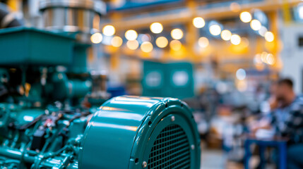Fototapeta premium Industrial diesel generator engine positioned in a large factory workshop, heavy machinery detail, defocused workshop interior in background, power generation concept photography,