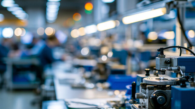 Wide view of a diamond processing facility where raw diamonds are cut and polished, industrial precision craftsmanship, defocused factory floor in background, diamond factory