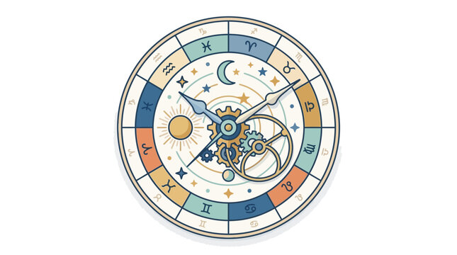 An intricate astrological clock illustration featuring zodiac signs and celestial elements.