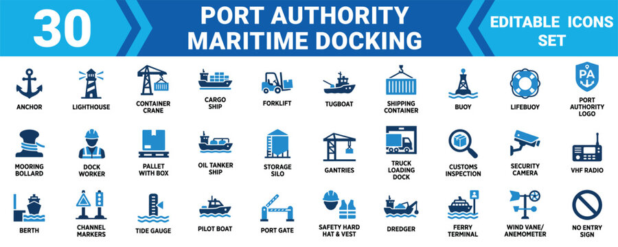 Set of thirty flat color vector icons representing port authority maritime docking and shipping logistics , Editable Vector Illustration Mega pack