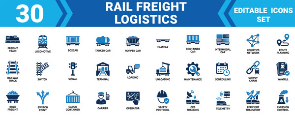 Set of 30 flat vector icons for rail freight logistics and industrial railway transportation systems Vector,  Editable Vector Illustration Mega pack © Sumon Sorkar