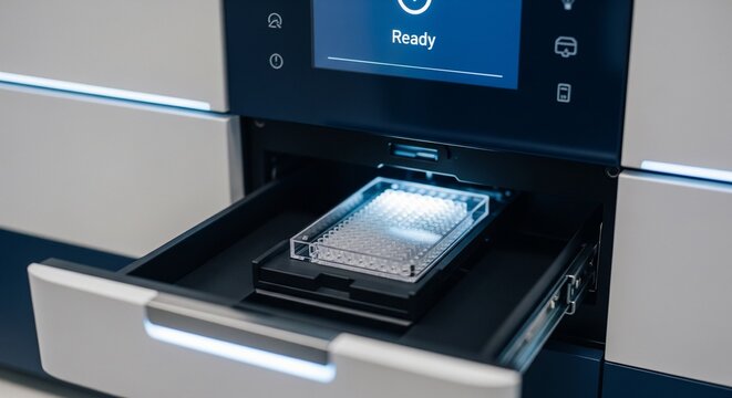 Open drawer of a modern laboratory machine with a multiwell plate