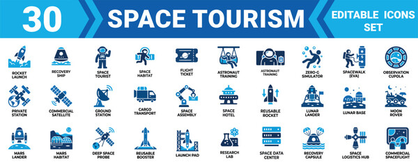 Set of 30 space tourism icons representing futuristic travel technology rockets astronauts and planets ,Editable Vector Illustration Mega pack © Sumon Sorkar