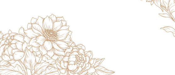 Luxury floral line art background with golden hand drawn flowers. Vector design with a bouquet of flowers, branches, leaves for card, business card, flyer, banner, wedding invitation, cover, wallpaper © Victory