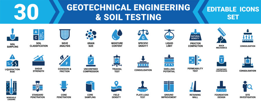 Set of 30 geotechnical engineering and soil testing icons for construction and geological research Vector,  Editable Vector Illustration Mega pack