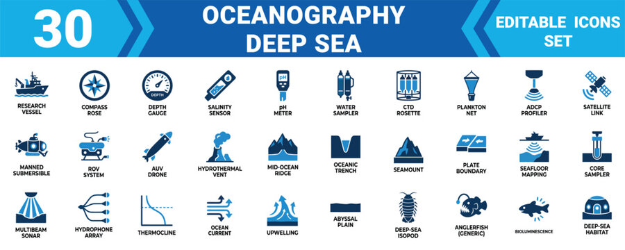 Set of 30 oceanography and deep sea research icons featuring scientific equipment and sea features , Editable Vector Illustration Mega pack