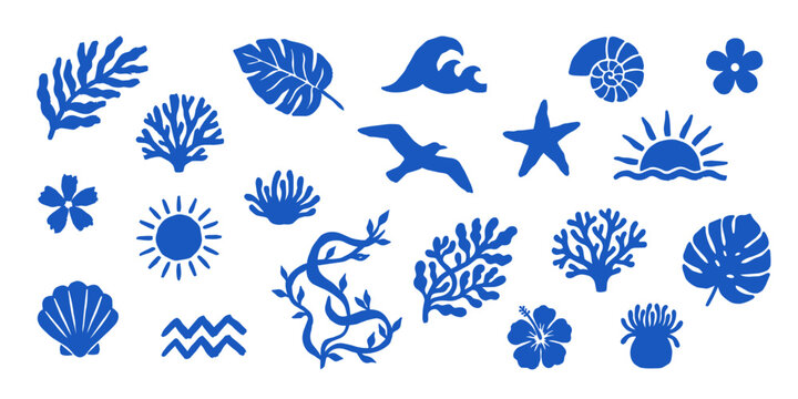 Summer beach and coastal elements set, organic shapes and forms, vector file