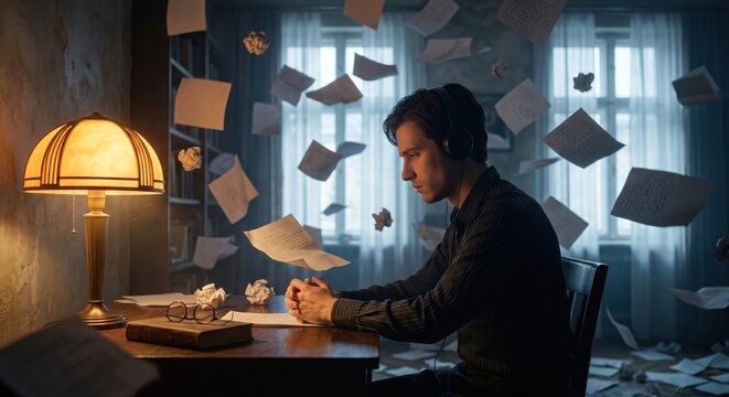 Focused Young Writer or Student in Headphones Sitting at Desk with Flying Papers and Documents