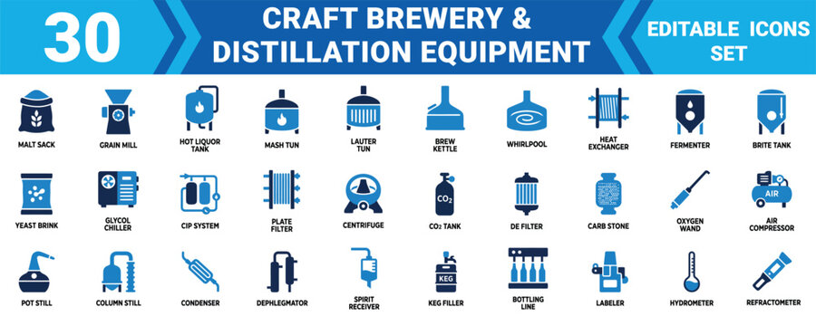 Set of 30 flat vector icons showing craft brewery and distillery equipment for beer and spirit, Editable Vector Illustration Mega pack