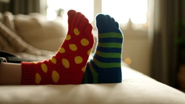Close-up of feet wearing mismatched vibrant colored socks resting on a bed indoors during daytime