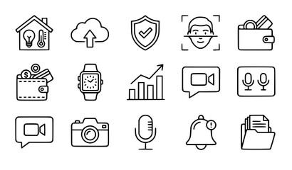 Fototapeta premium Technology and Business Line Art Icon Set Vector Illustration Featuring Smart Home Cloud Upload Face Recognition Wallet Smartwatch Analytics Camera and Media Outline Design Elements