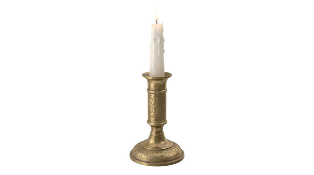 Vintage brass candlestick with burning white candle, antique golden metal candle holder, traditional lit wax candle on isolated transparent background