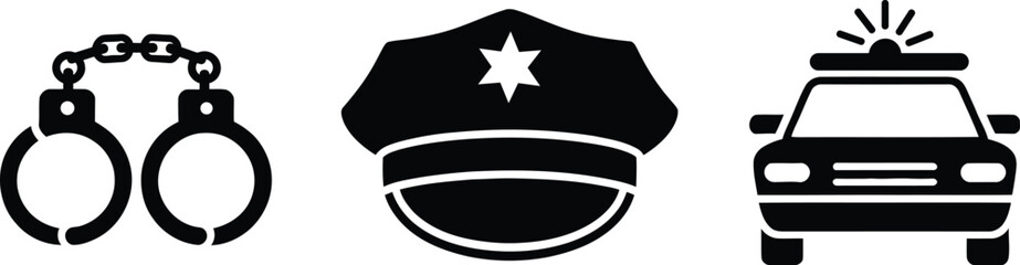 Black and white police icons set with handcuffs, badge, and patrol car © Tusher