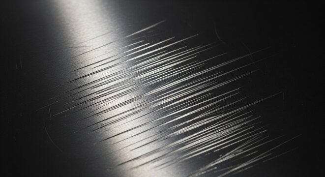 Close-up macro texture of multiple parallel scratches on a dark metallic surface reflecting a bright streak of light