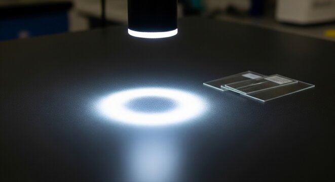 A laboratory light source shining down on a black table, creating a bright circle of light next to a few clear glass microscope slides
