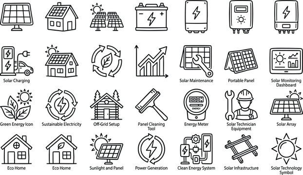 Sustainable Solar Energy and Eco Home Line Icons Set Featuring Photovoltaic Panels Battery Storage EV Charging Technical Maintenance and Clean Energy Management Vector Illustration