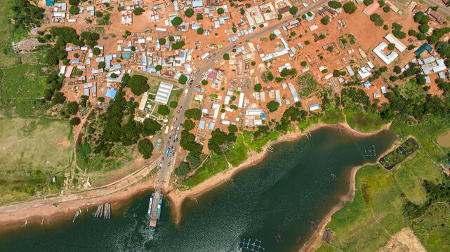 Aerial view of a ferry landing at the riverbank in Kwahu Afram Plains South, Eastern Region, Ghana.