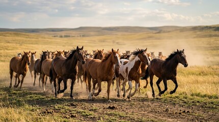 Fototapeta premium A herd of horses running through a field