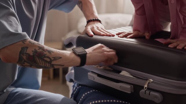 Zoom out shot of young Caucasian couple struggling to zip overpacked suitcase, woman pressing down on luggage with man pulling zipper. Ideal for travel agency commercials and vacation planning promos