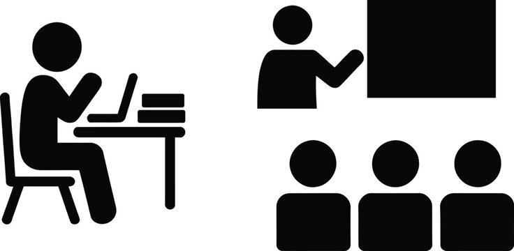 Black and white icon of online learning and classroom teaching