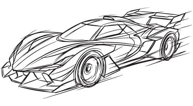 Futuristic supercar sketch with aerodynamic body and motion lines for automotive design concept