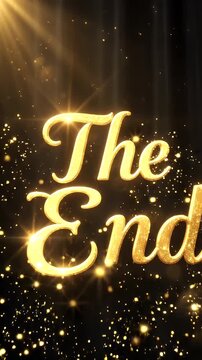 Elegant Golden "The End" Text with Sparkling Particles - Majestic golden text, spelling "The End," is illuminated against a dark background.