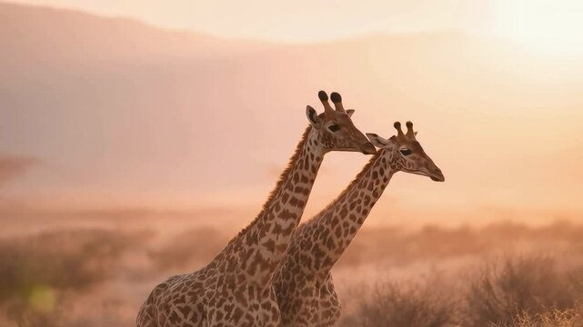 Two giraffes standing together in a savannah during sunset with warm lighting and foggy background