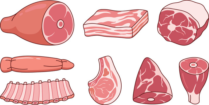 Raw Meat Cuts Collection with Pork, Ham, Bacon, Ribs, and Butcher Meat Pieces for Food Industry and Culinary Designs