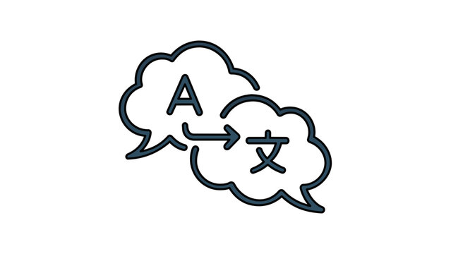 Clean flat vector line icon of multilingual speech bubbles, suited to translation apps, communication menus, online lessons, and travel guides.