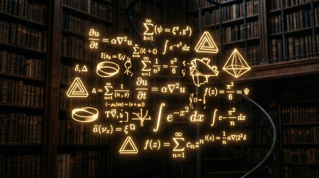 Glowing complex mathematical formulas and geometric paradoxes floating in a dark library