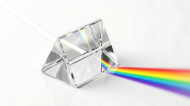 Glass Prism Refracting White Light into a Colorful Spectrum Isolated on White