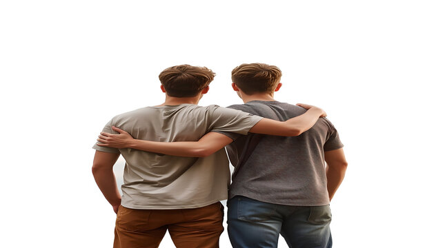 Two men standing back to back with arms around each other